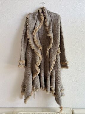OLIVIA M Taupe Faux-Fur Trim Open Front Women's Sweater Cardigan